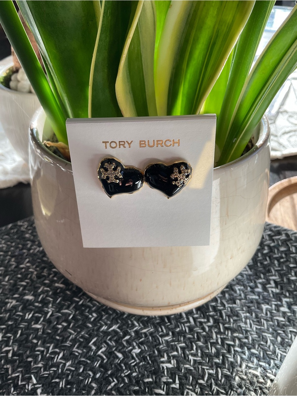 Tory Burch Black and Gold Heart Logo Stud Earrings